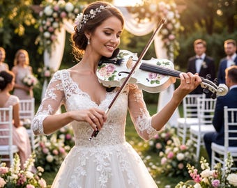 Custom Rose Pattern Wedding Violin – Hand-Applied Floral Design, Case, Bow