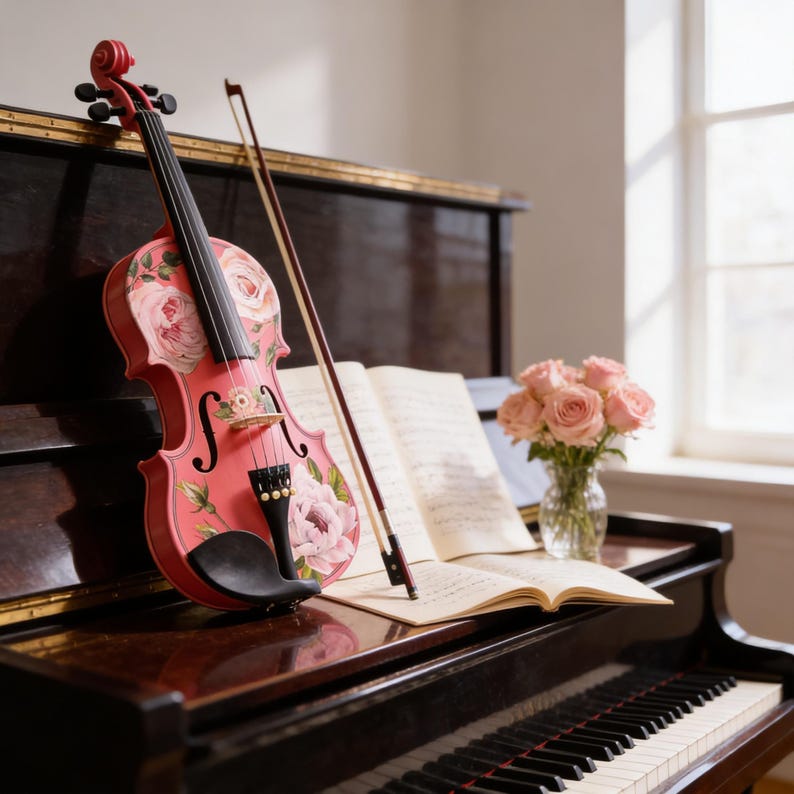 A red violin with a floral design rests on a piano, accompanied by sheet music and a vase of pink roses, creating a serene and musical atmosphere.