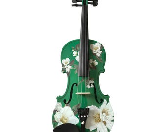 Violin, Magnolia Floral Instrument | Emerald Green Finish, Faux Pearl Tuners | Solid Spruce Top, 4/4