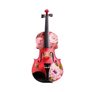 A red violin with a floral design on its body and a black bow is shown against a white background.
