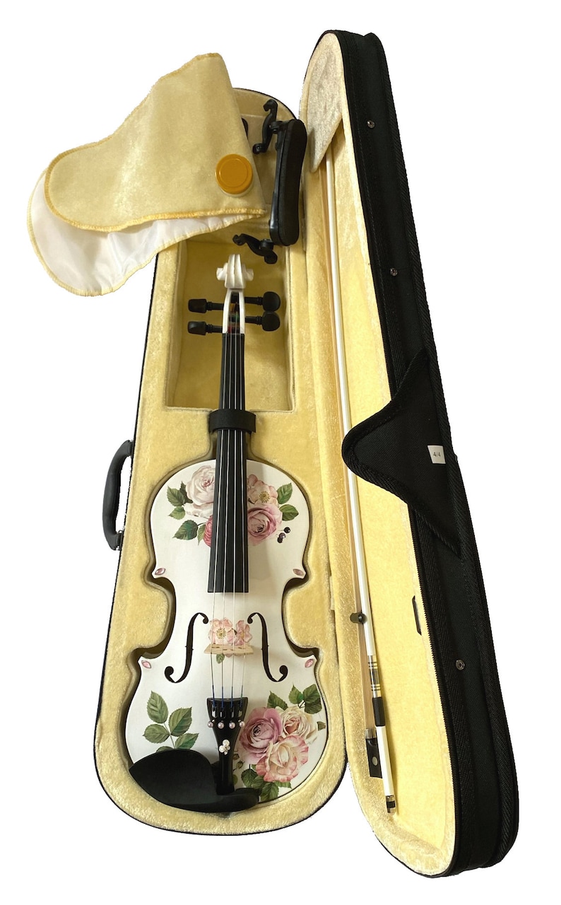 Pu&ograve; includere: Un violino bianco con un design floreale con rose rosa e foglie verdi. Il violino &egrave; in una custodia aperta con un arco.