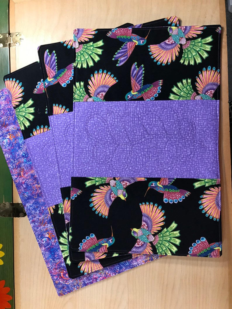 Set of 4 Purple Hummingbirds, 100 Cotton, Reversible, Washable and