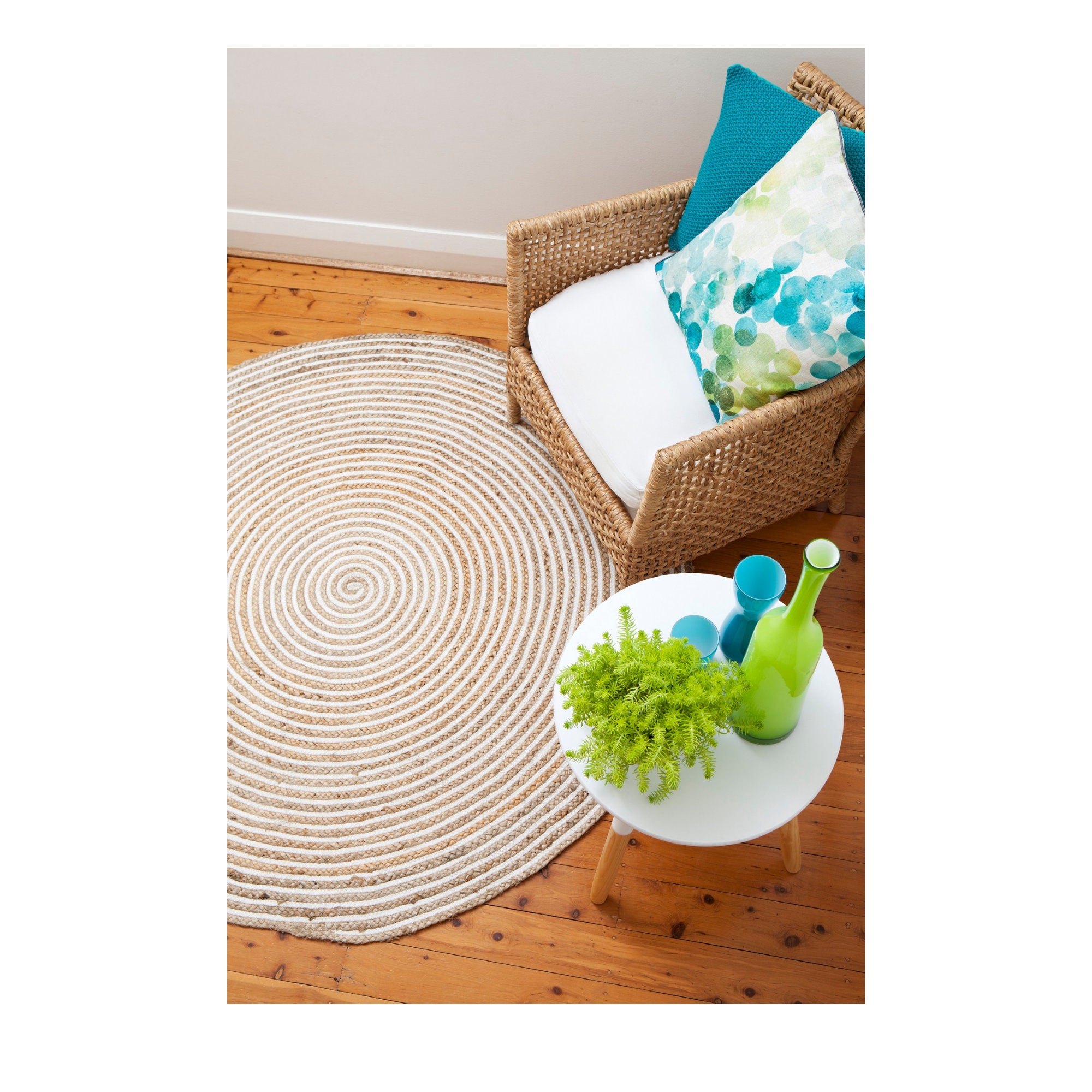 Round Jute Rug Natural & Cream Fibre Decorative Floor Rug Plumeria