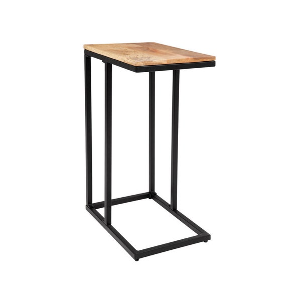 C-Shaped Mango Wood Side Table With Black Metal Legs Nightstand Storage