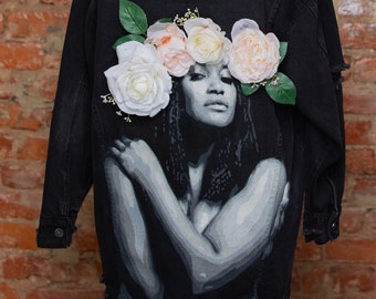 Hand Spray Painted Flower Crown Royalty, Street Art Style, Ripped Denim, Womens Clothing, Custom Jean Jacket With 3D Flowers