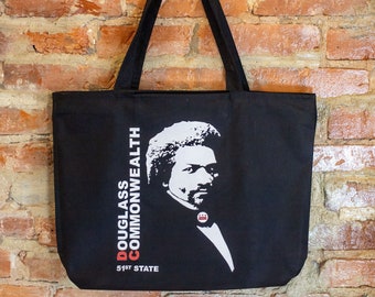 Hand Spray Painted Washington DC Frederick Douglass Commonwealth 51st State Large Reusable Zippered Canvas Tote Bag with Inside Pocket