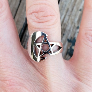 Size 5,6,7,8,9,10,11  925 Sterling Silver Ring with Moon and Pentagram, Pentacle Ring, Wiccan Ring, Moon and Star Ring, Witch Ring