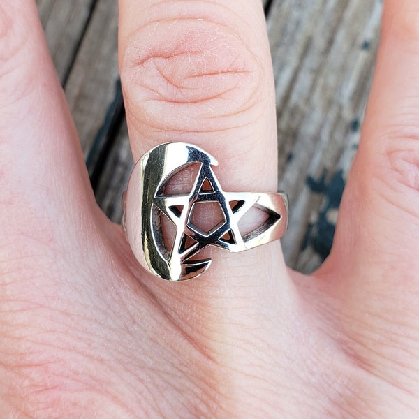 Size 5,6,7,8,9,10,11  925 Sterling Silver Ring with Moon and Pentagram, Pentacle Ring, Wiccan Ring, Moon and Star Ring, Witch Ring