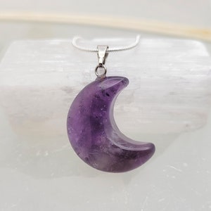 1 in x .75 in, Natural Amethyst Crescent Moon Pendant Necklace with 16", 18" or 20" 925 Sterling Silver Snake Chain / Healing Necklace