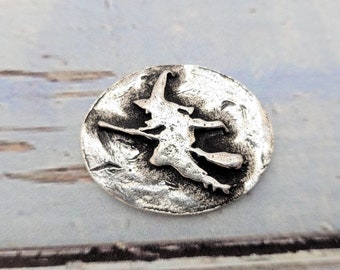 Witch on a Broom Pewter Pocket Stone / Pewter Pocket Charm / Altar Tools / Ritual Tools / Worry Stone