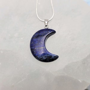 1 in x .75 in, Natural Lapis Lazuli Crescent Moon Pendant Necklace with 16", 18" or 20" 925 Sterling Silver Snake Chain / Healing Necklace