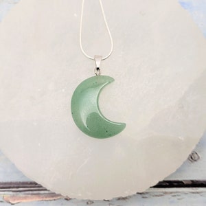 1 in x .75 in Natural Green Aventurine Crescent Moon Pendant Necklace with 16&quot; 18&quot; or 20&quot; 925 Sterling Silver Snake Chain / Healing Necklace