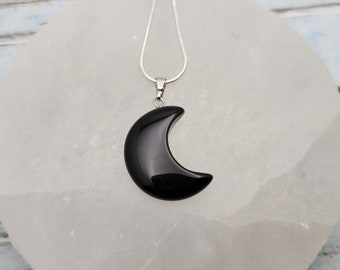 Natural Black Obsidian Crescent Moon Necklace: 925 Sterling Silver Snake Chain, Healing