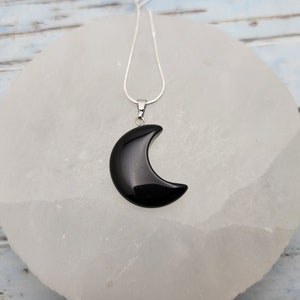 1 in x .75 in, Natural Black Obsidian Crescent Moon Pendant Necklace with 16", 18" or 20" 925 Sterling Silver Snake Chain / Healing Necklace