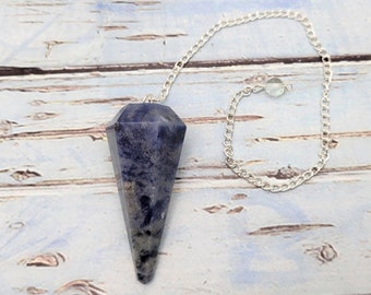 Natural Sodalite 6 Sided Pendulum with Chain and Bead / Multi faceted Natural Gemstone Pendulum / Healing Divination Tools