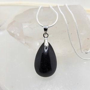 1 in x .5 in, Natural Obsidian Teardrop Pendant Necklace 16", 18" or 20" 925 Sterling Silver Snake Chain / Healing Crystal Necklace