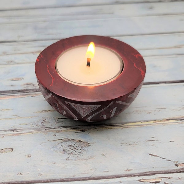 Red Glazed Carved Soapstone Tealight Candle Holder and Incense Cone Burner / Minimalist Candle Holder / Altar Supplies / Meditation Supplies