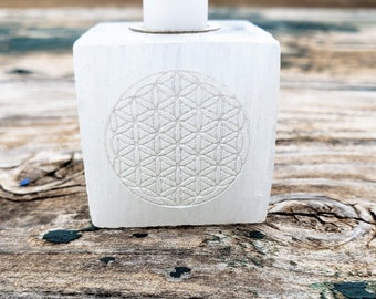 1/2 inch (.5) diameter Selenite Chime Candle Holder with Flower of Life Etching / Chime Candle Holder / Spell Candle Holder / Healing