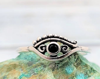 Oxidized 925 Sterling Silver Evil Eye Ring with Black Agate Crystal: Egyptian Eye Protection