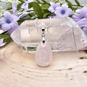 Natutal Rose Quartz Teardrop Pendant Necklace: 925 Sterling Silver Chain, Pink Crystal Healing