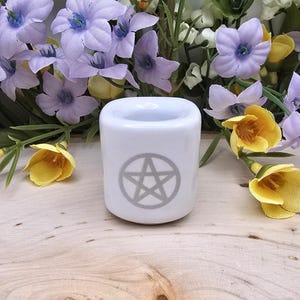 White Ceramic Chime Candle Holder with Silver Pentagram: For .5 inch Diameter Candles