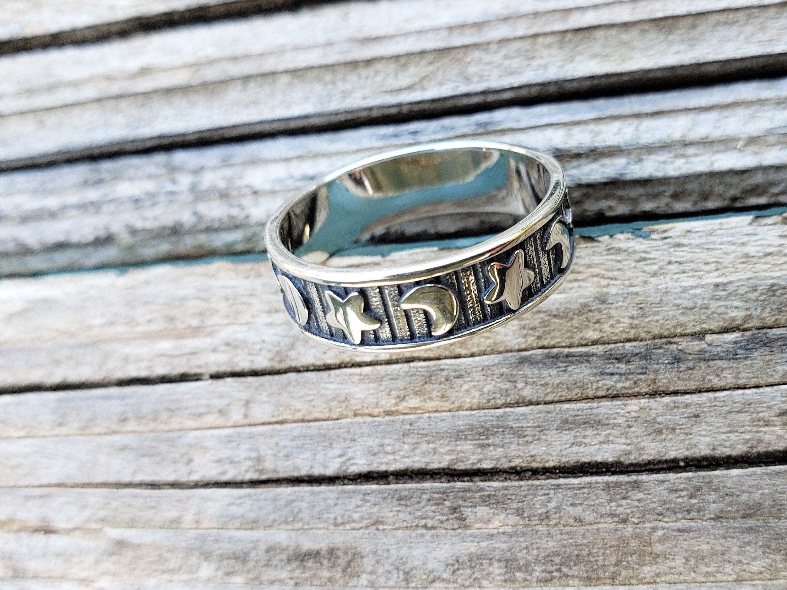 Oxidized 925 Sterling Silver Moon and Star Ring: Celestial Jewelry