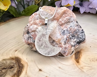 Natural Clear Quartz Crescent Moon Pendant Necklace: 925 Sterling Silver Chain / Crystal Quartz Jewelry