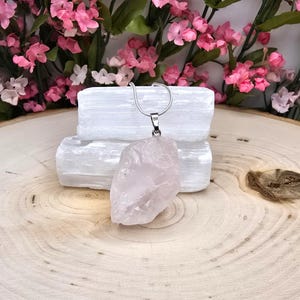 Natural Raw Rose Quartz Pendant Necklace: 925 Sterling Silver Chain, Healing Crystal