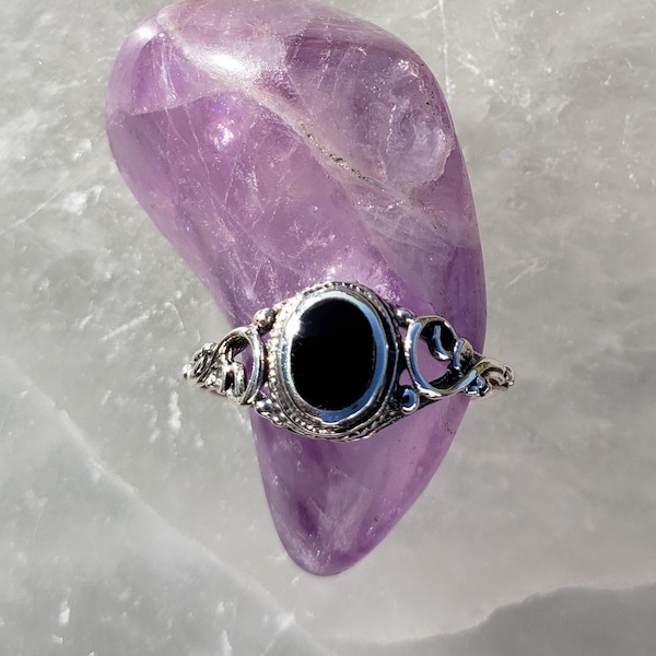 Sz 5,6,7,8,9,10 925 Sterling Silver Ring with Genuine Black Agate Gemstone, Silver Dainty Black Agate Ring Healing Gemstone Rings for Her