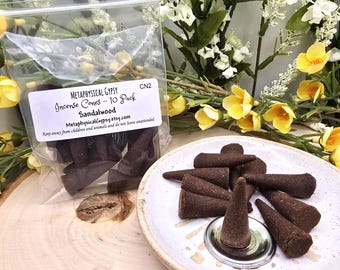 Sandalwood Incense Cones - Pack of 10 with Burn Disc, Meditation and Altar Supplies