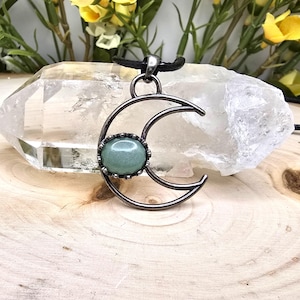 1.25 inch x 1.25 inch, Antique Silver Toned Green Aventurine Crescent Moon Pendant Necklace with Vegan Black Wax Cord / Healing Necklace