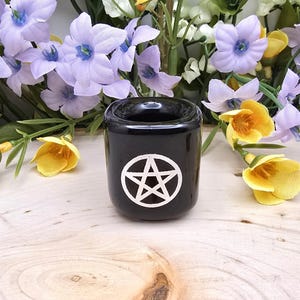 Black Ceramic Chime Candle Holder with Silver Pentagram: For .5 inch Diameter Spell Candles