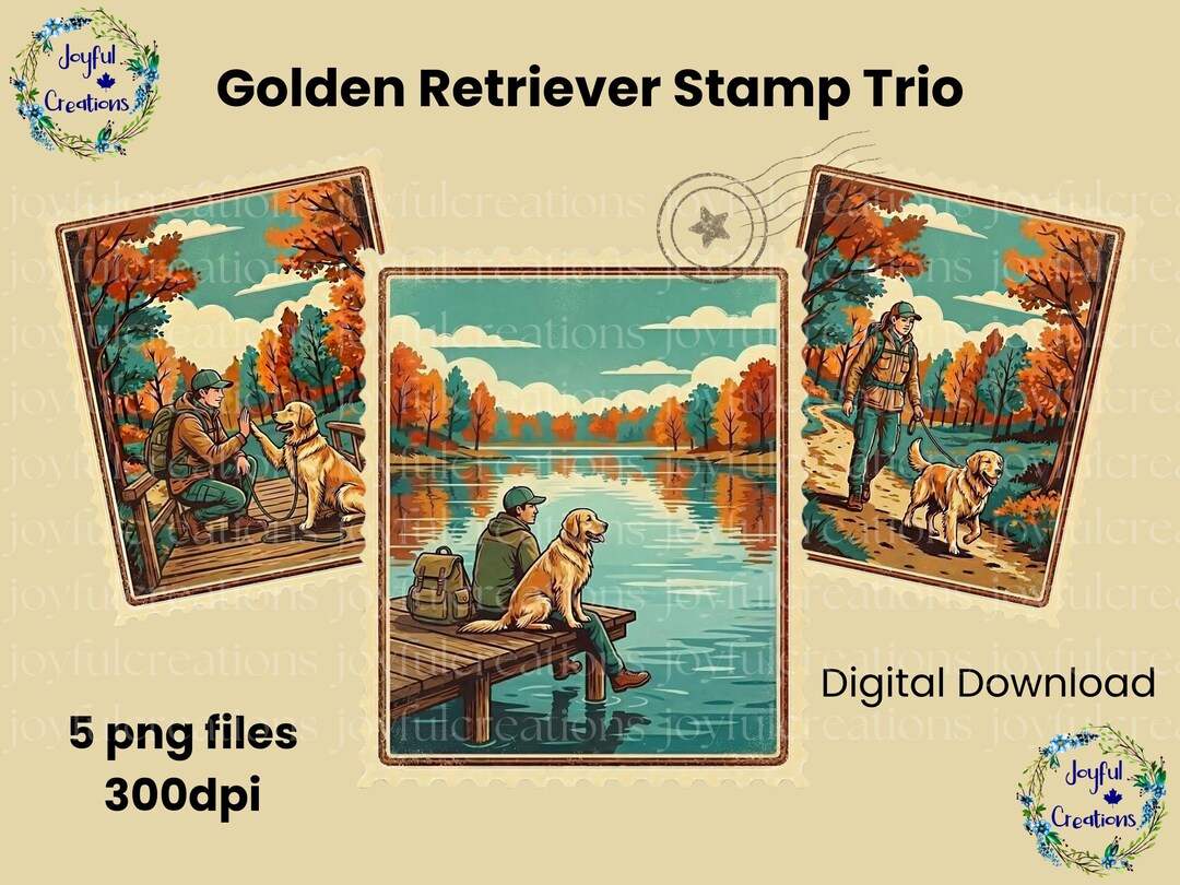 Golden Retriever PNG Bundle, Vintage Postage Stamp PNG, Dog Walker PNG ...