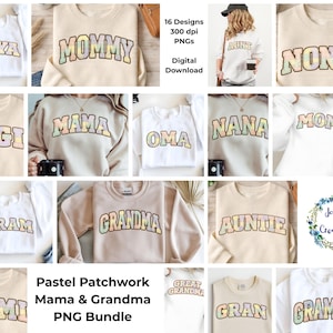 Puede incluir: Una colección de sudaderas de colores pastel con títulos familiares como "Mommy" y "Grandma". Cada sudadera presenta un diseño de patchwork único en tonos pastel suaves. La imagen también incluye el texto "Pastel Patchwork Mama & Grandma PNG Bundle."