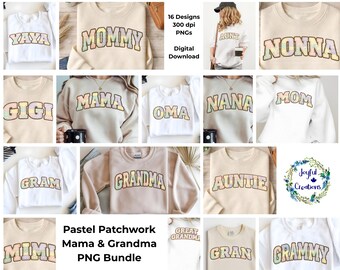 Pastel Patchwork Mama & Grandma PNG Bundle | Collegiate Quilt Letters | Mother’s Day Sublimation Design | Nana Gigi Mama Mom PNG