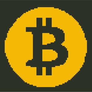 May include: A yellow circle with a black Bitcoin symbol in the center.