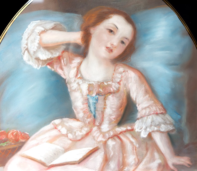 Porträt einer Jungen Frau im Rosa Kleid, Original Antike Zeichnung, 19th Century Bild 7
