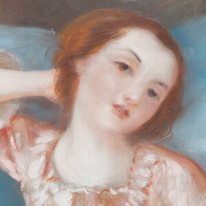 Porträt einer Jungen Frau im Rosa Kleid, Original Antike Zeichnung, 19th Century Bild 3
