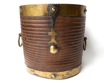 Antique South Indian Teak and Brass Rice Bucket Container, 19th Century
