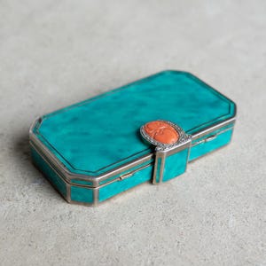 French Art Deco Silver, Enamel, Coral And Diamond Compact/Vanity Case By Auguste Peyroula For Joel Helft, 1920s