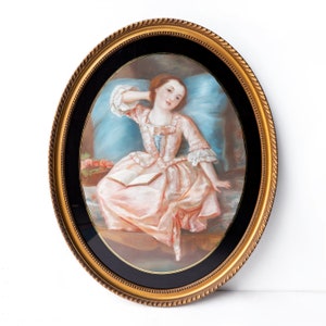 Portrait of a Young Woman in a Pink Dress, Antique Original Pastel Drawing, 19th Century