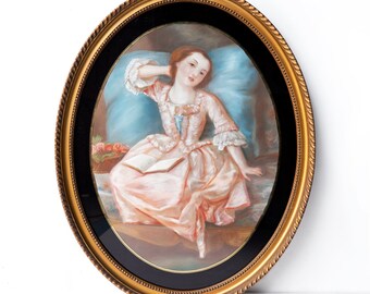 Portrait of a Young Woman in a Pink Dress, Antique Original Pastel Drawing, 19th Century