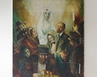 Vintage Originaldarstellung einer jüdischen Hochzeit, Ölgemälde von J. Leiba, 1950er Jahre
