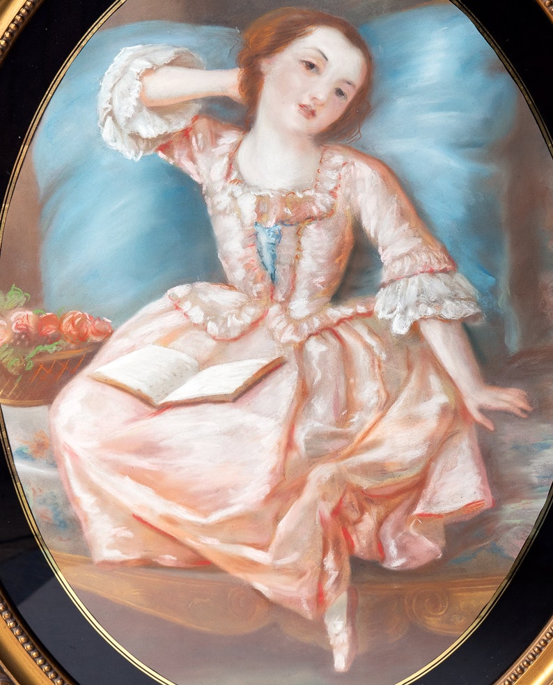 Porträt einer Jungen Frau im Rosa Kleid, Original Antike Zeichnung, 19th Century Bild 2