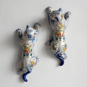 Pair Of Antique French Faience Cat Wall Pockets, Early 20th Century
