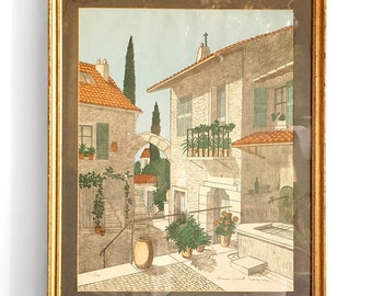 Mediterrane Dorfszene von Denis Paul Noyer, Vintage signierte Lithographie 1970er Jahre