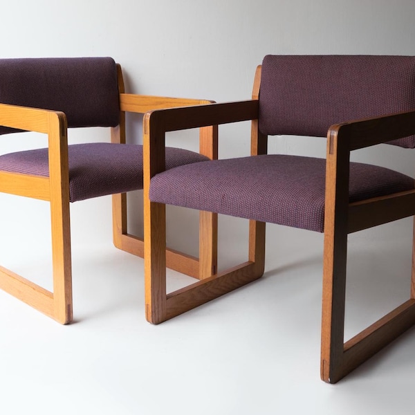 Pair Vintage Sculptural Upholstered Oak Cube Armchairs, C. 1970’S