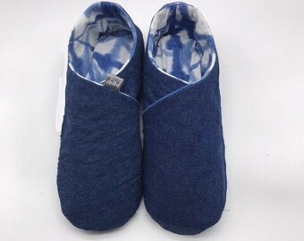 Eco friendly slippers, denim with shibori / tie-dye lining