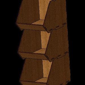 May include: A three-tiered wooden storage unit with an open-front design. The unit is constructed from brown wood and features a stacked configuration, ideal for organizing items. The edges have a reddish-brown accent.