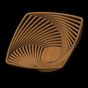 May include: A wooden bowl with a unique, geometric design. The bowl is made of thin strips of wood that are layered and curved to create a spiral effect. The bowl is a light brown color and has a natural wood finish.